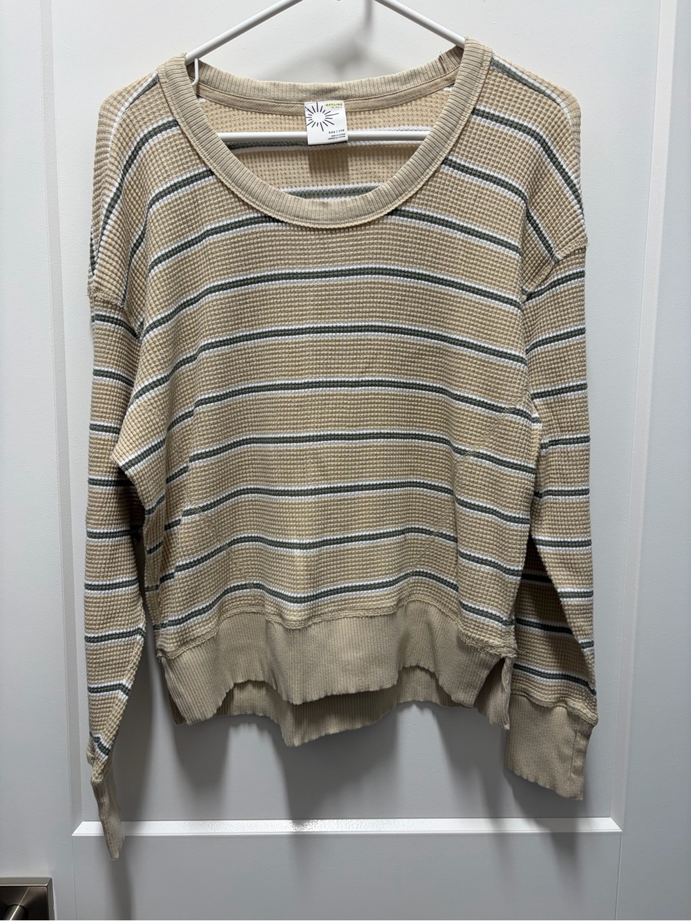 Offline by Aerie Beige/Olive Oversized Striped Waffle-Knit Long Sleeve Top XXS